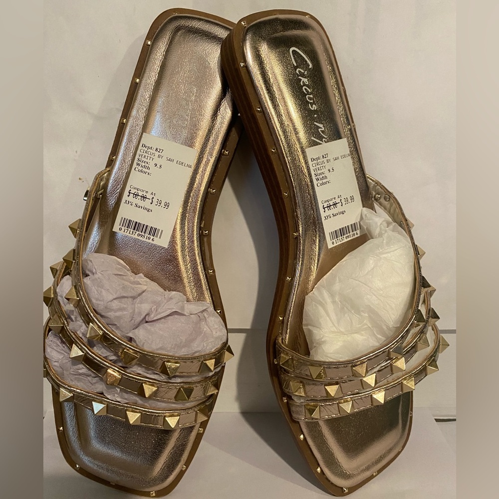 Circus x Sam Edelman Verity studded slip on slide sandal Gold Embellished Studs